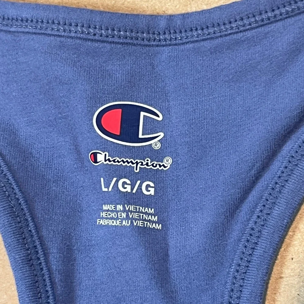 Champion Womens Script Bra Top Coastal Fjord Blue Racerback CPW261BR05010 NEW L